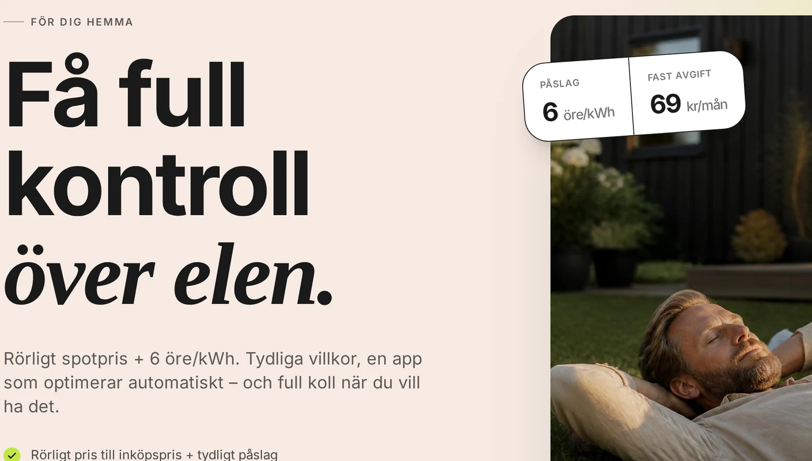 Närbild på Elerys hero — grotesk i två rader följd av kursiv serif, med påslag och fast avgift i en flytande bricka