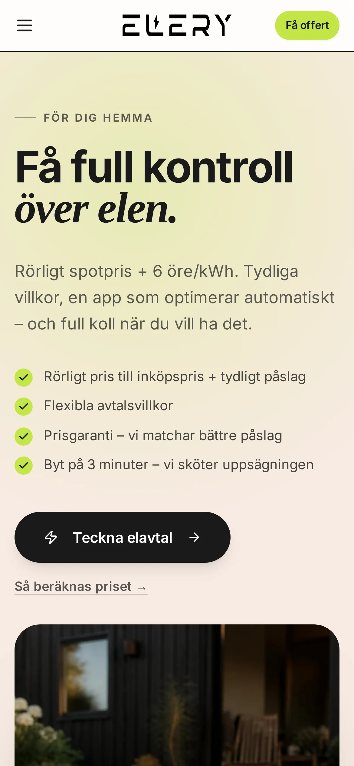 Elerys startsida i mobilvy