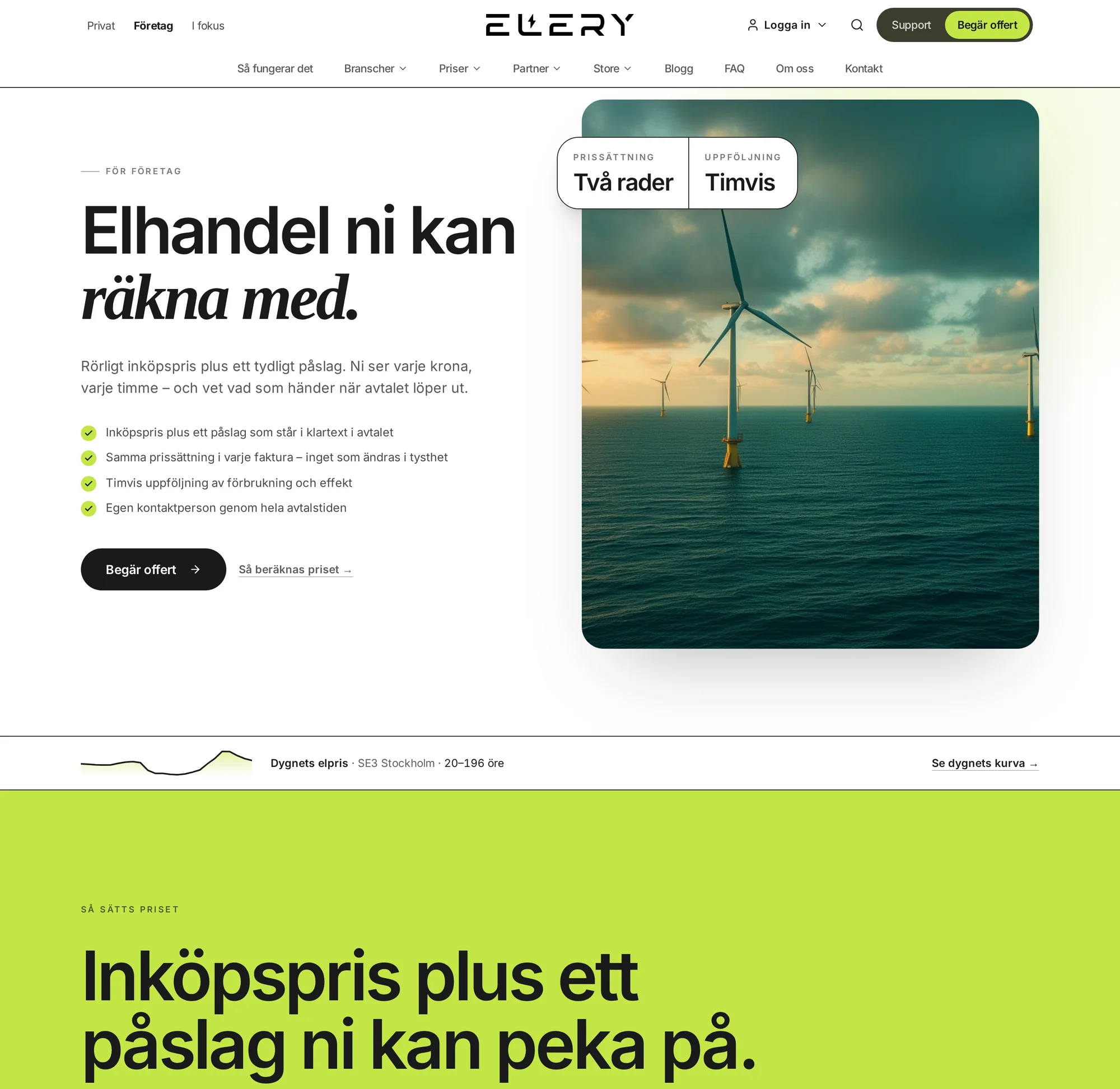 Elerys företagsspår med rubriken Elhandel ni kan räkna med och egen meny för branscher, priser och partner