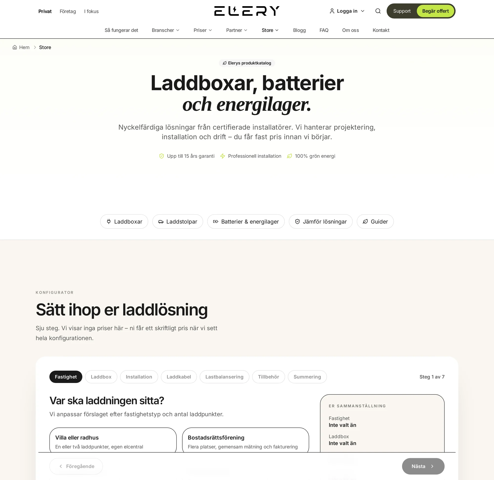 Elerys store med laddboxar, batterier och energilager samt konfigurator i sju steg