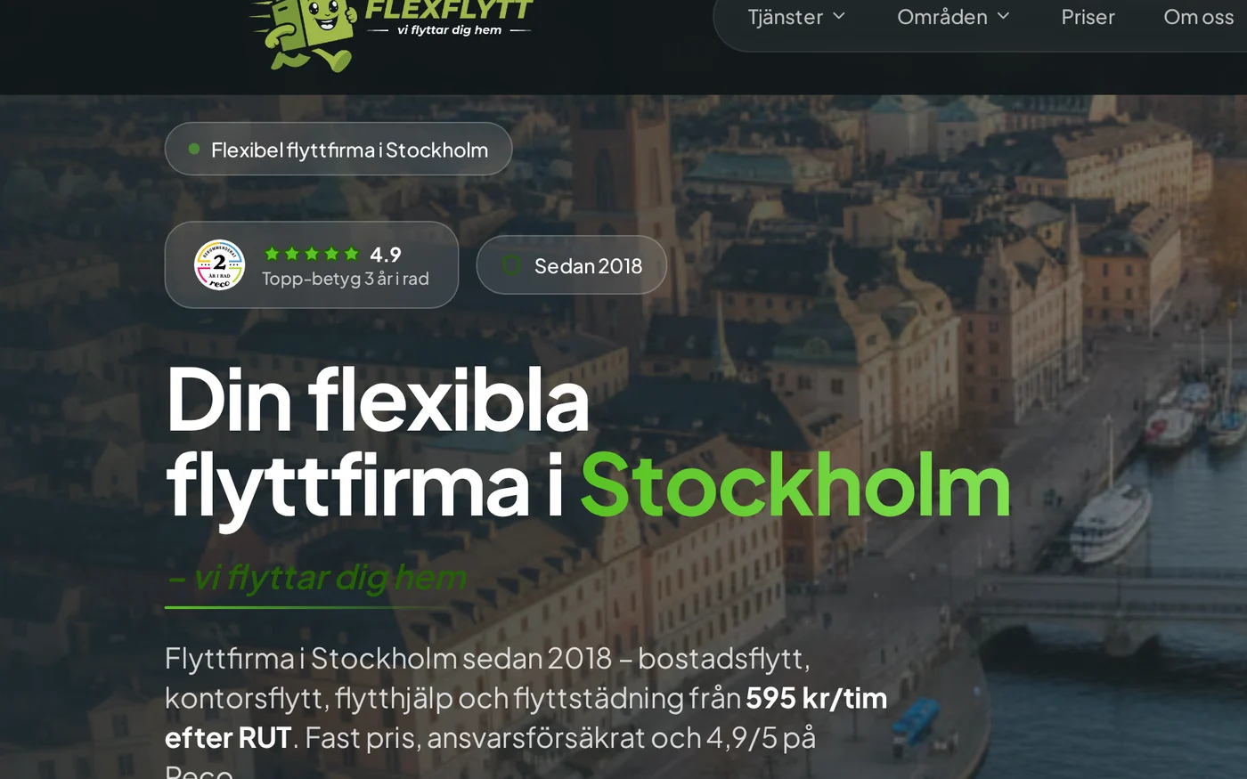 Närbild på Flexflytts hero med Stockholms silhuett och rubriken Din flexibla flyttfirma