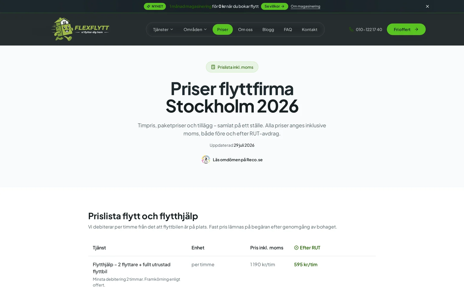 Flexflytts prissida med prislista för flytt och flytthjälp