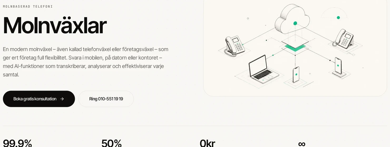 Närbild på Telebyråns tjänstesida för molnväxlar