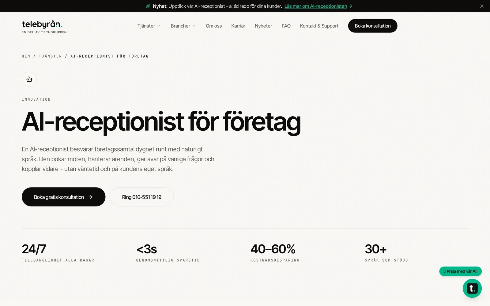 Telebyråns sida för AI-receptionist