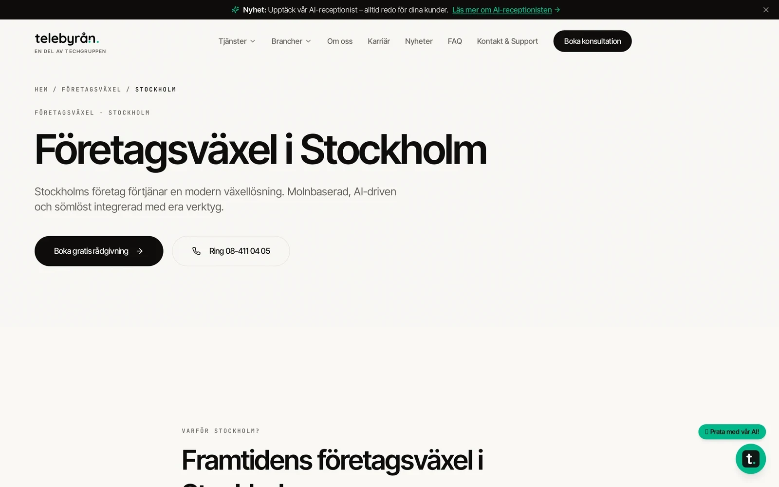Telebyråns lokala sida för företagsväxel i Stockholm