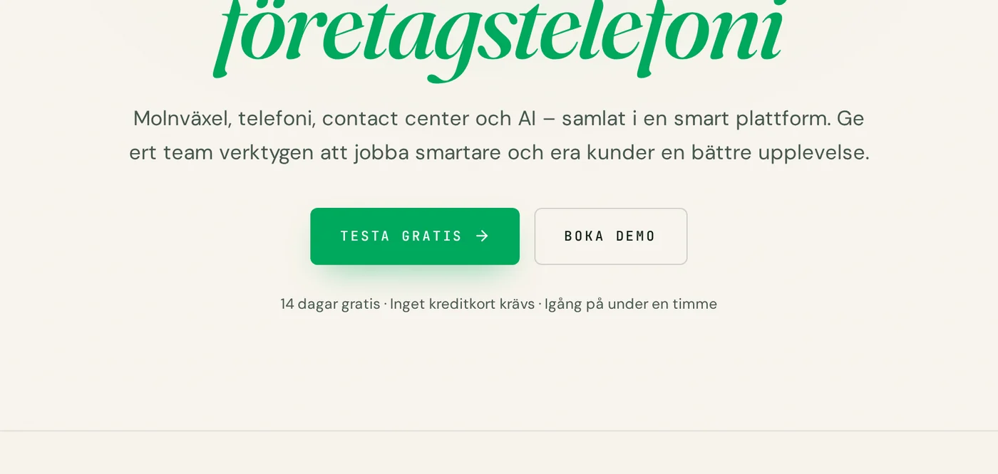 Närbild på Telinks hero-typografi med serif och kursiv i grönt