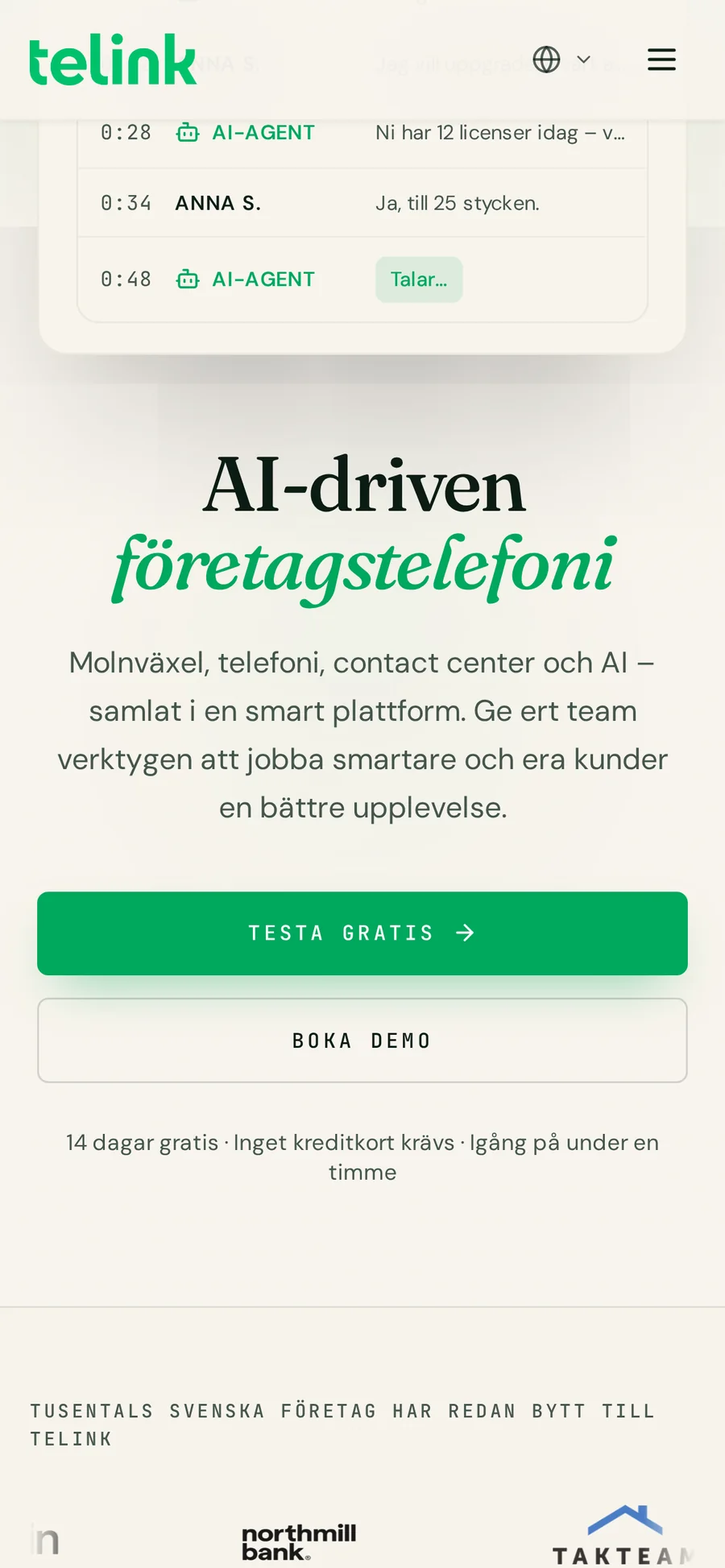 Telinks startsida i mobilvy