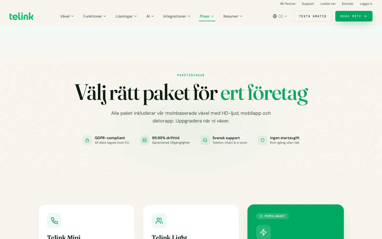 Telinks paketeringssida med växelpaket och prisnivåer