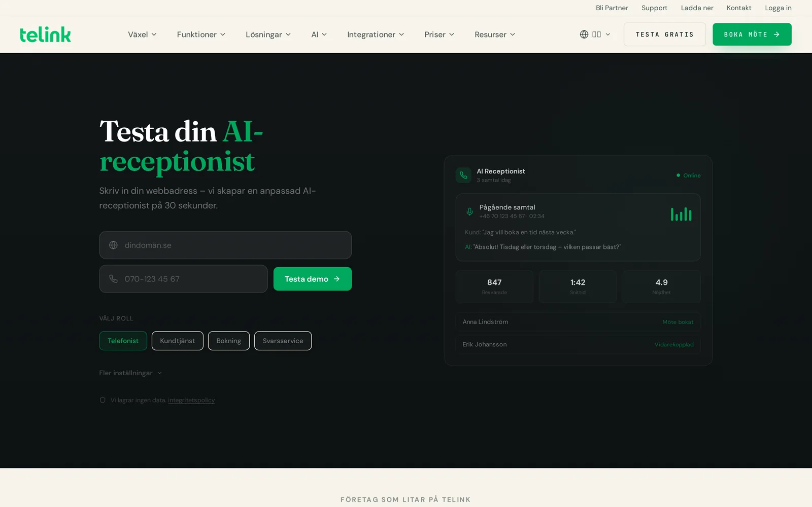 Telinks mörka produktsida för AI-receptionist med testflöde