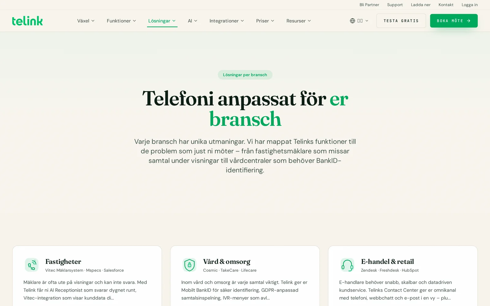 Telinks lösningssidor med telefoni anpassad per bransch