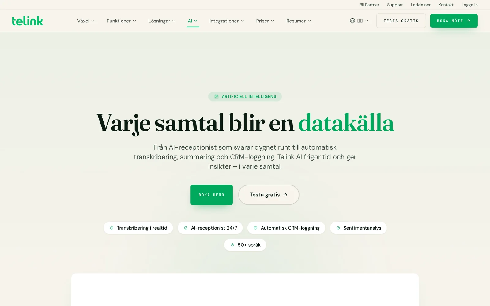 Telinks AI-sida med rubriken Varje samtal blir en datakälla