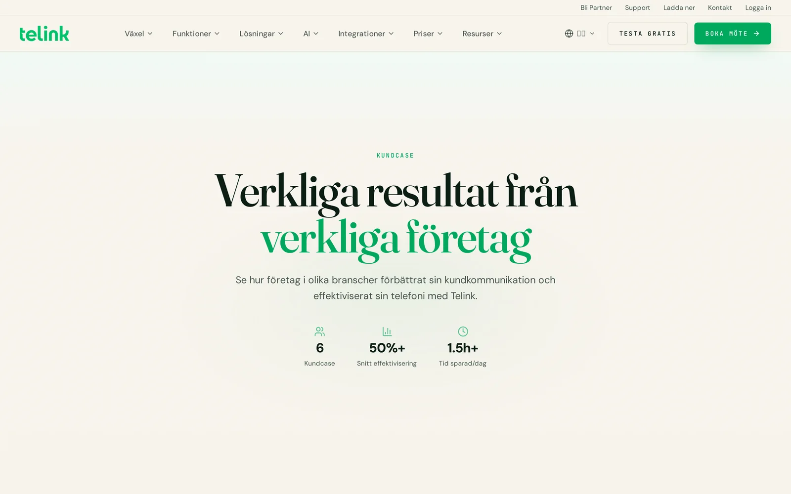 Telinks kundcase-sida med resultat från verkliga företag