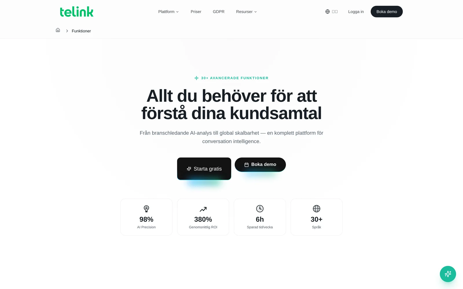 Telink AI:s funktionssida — allt du behöver för att förstå dina kundsamtal
